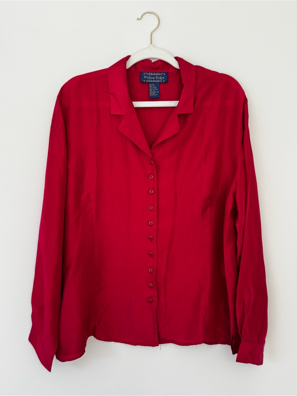 Vintage Willow Ridge 100% Silk Button Down Long Sleeve Blouse, Red – XL Petite